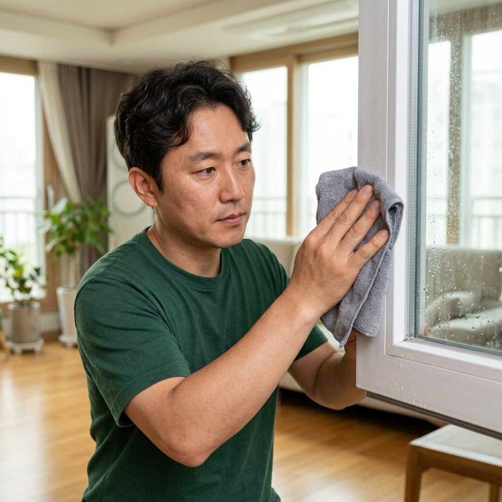극세사 타월로 창틀 모서리를 닦아 물기를 제거하는 손 동작