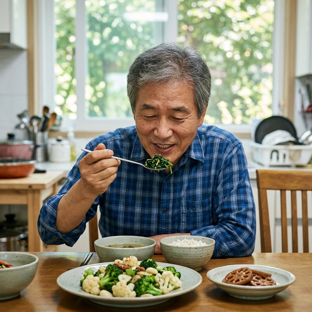 60대 남성이 식탁에 앉아 시금치 나물과 브로콜리 볶음이 담긴 반찬을 숟가락으로 먹고 있으며, 창밖으로 여름 나뭇잎이 보인다