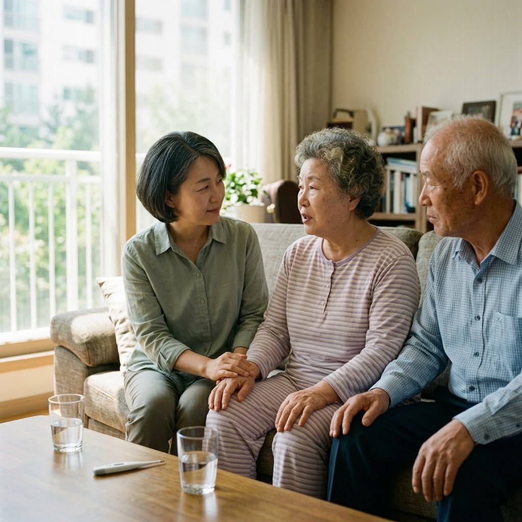 보호자가 밝은 거실 소파에 앉아 70대 부모님의 손목을 가볍게 잡고 대화하는 모습, 탁자 위에 물컵과 체온계가 놓여 있고 창밖으로 여름 햇살이 들어옴, 부모님은 연한 색 긴팔 실내복 차림