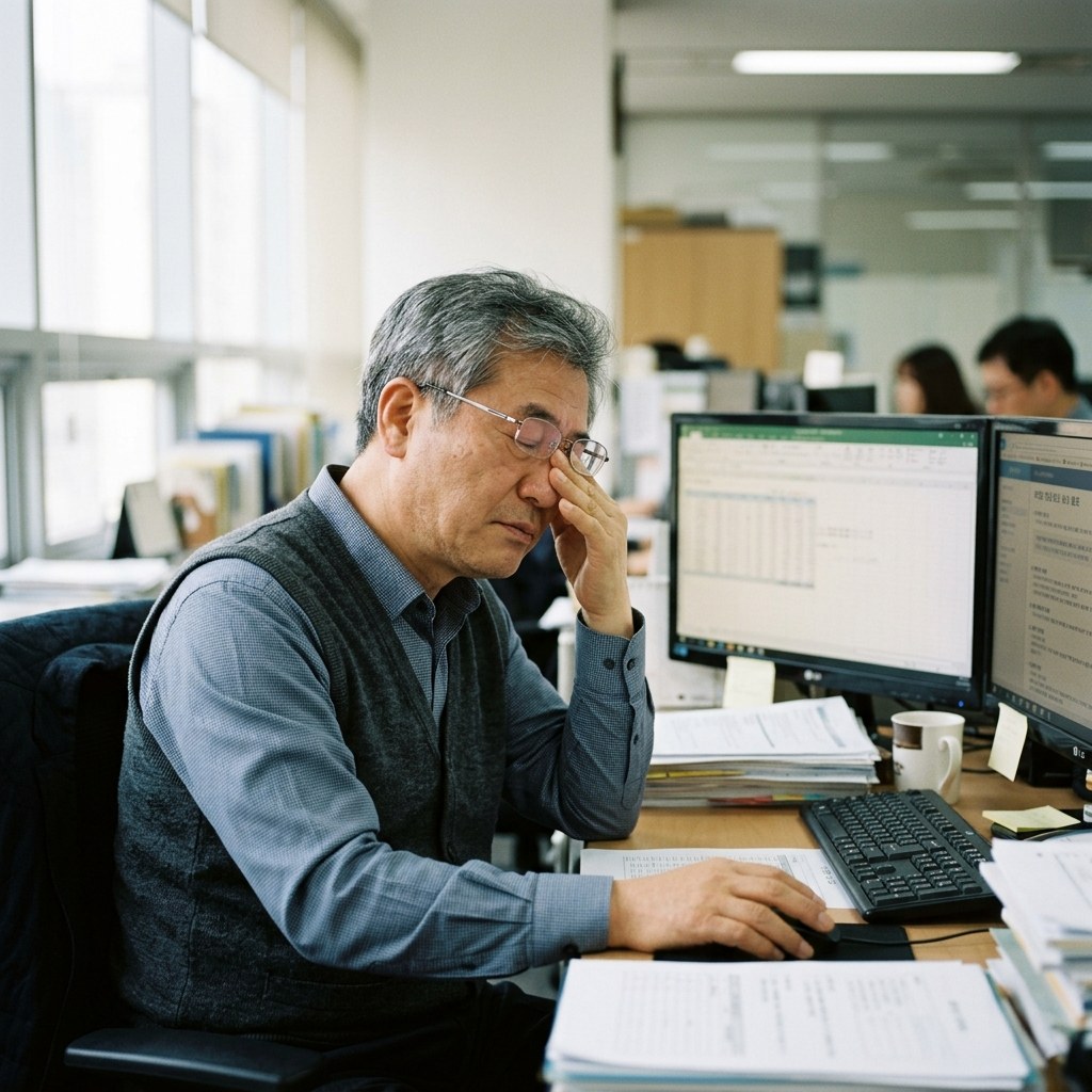 60대 직장인이 사무실 책상에서 모니터 화면을 바라보며 눈을 비비고 있는 장면