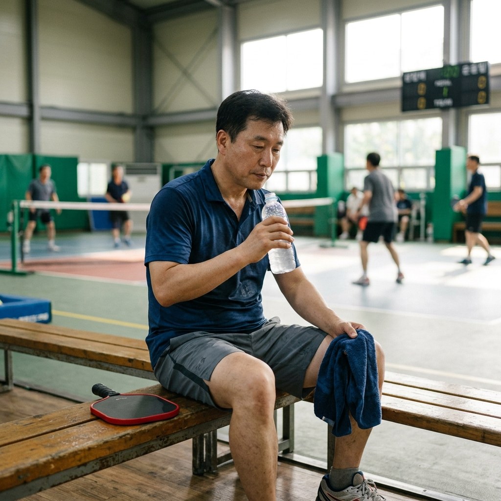 실내 코트 벤치에 앉아 물병을 들고 있는 중년 남성, 땀이 묻은 수건과 패들, 밝은 실내 배경