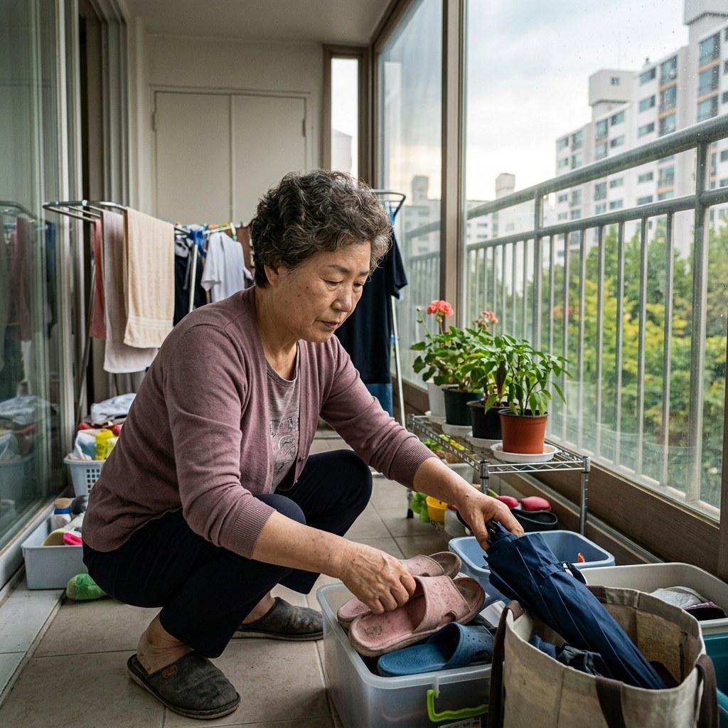베란다에서 60대 여성이 긴팔 가디건을 입고 낡은 슬리퍼와 우산을 분리해 정리하며 창밖으로 여름 끝 풍경이 보이는 장면