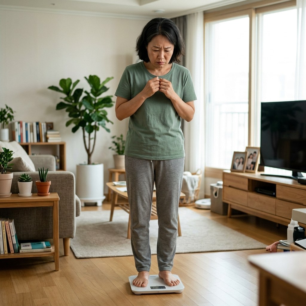 40대 중반 여성이 거실에서 체중계 위에 올라서서 숫자를 확인하며 걱정스러운 표정을 짓고 있는 장면, 자연광, 편안한 실내복 착용
