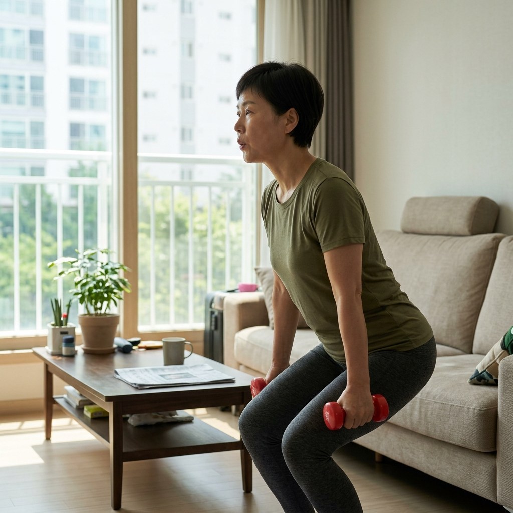50대 초반 남성이 집 거실에서 스쿼트 자세를 취하며 가벼운 근력운동을 하는 모습, 창밖으로 햇빛이 들어오는 오전 시간대