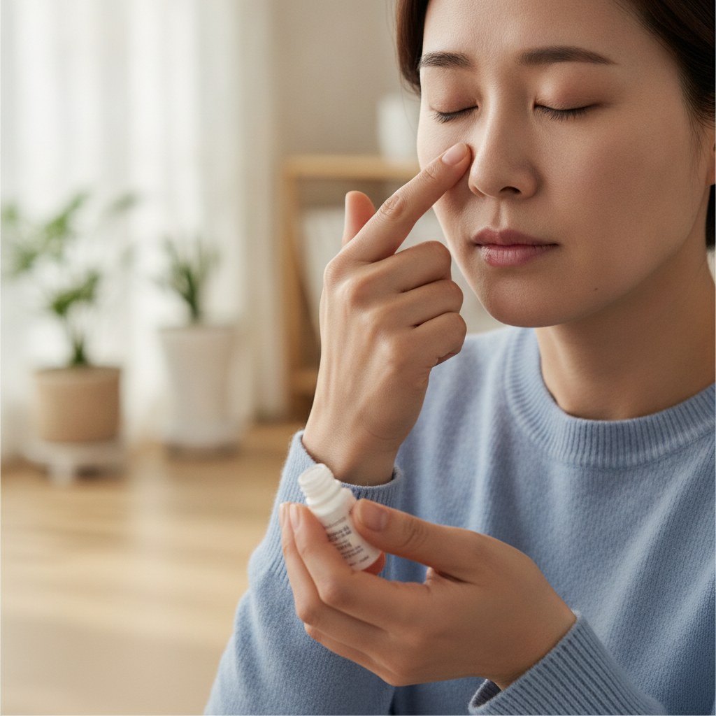 안약을 넣은 뒤 눈을 감고 코 쪽 눈물점을 검지로 누르는 손의 클로즈업, 자연스러운 실내 조명, 손톱은 짧게 정돈된 상태