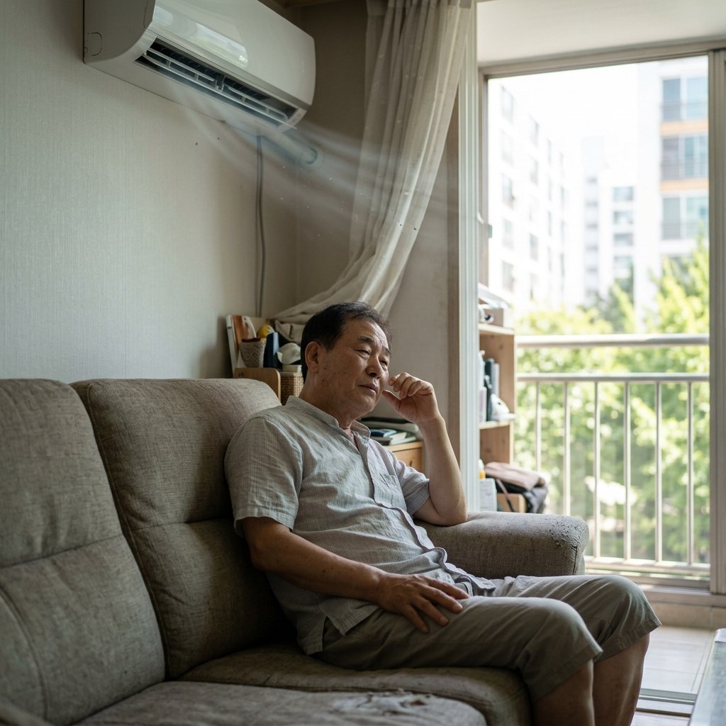 거실 소파에 앉아 에어컨 바람을 쐬는 70대 남성, 창밖으로 폭염 속 강렬한 햇빛