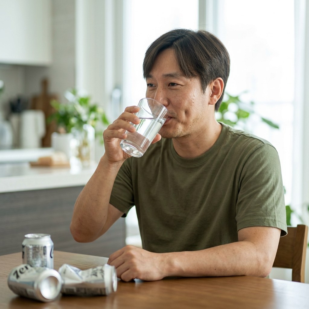 식탁 위에 제로 음료 캔을 치워두고 투명한 유리잔에 생수를 가득 채워 마시고 있는 모습