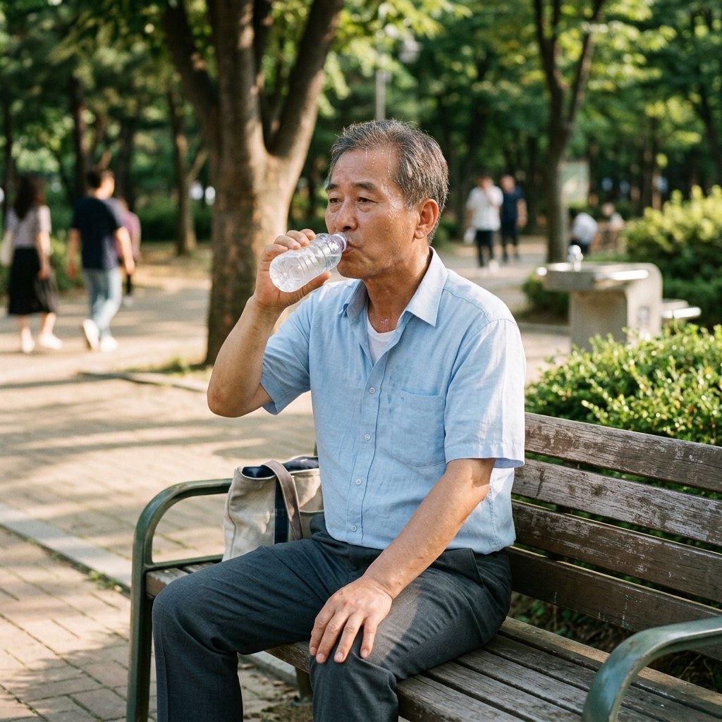 여름 오후 야외 벤치에 앉아 물을 마시며 휴식을 취하는 60대 남성의 모습, 얼굴에 땀이 흐르고 있음