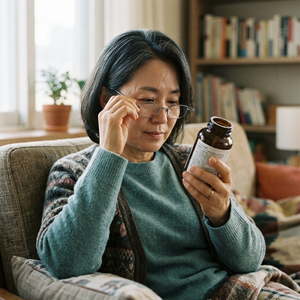 편안한 표정으로 유산균 제품 라벨을 꼼꼼히 읽고 있는 한국인 중년 여성