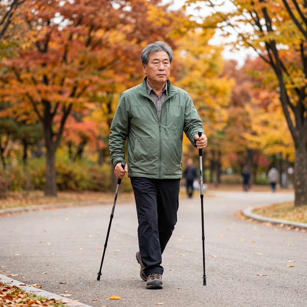 한국인 60대 중반 남성이 공원 평지에서 양손 워킹스틱을 짚고 걷는 모습, 가을 단풍 배경의 야외 운동 장면
