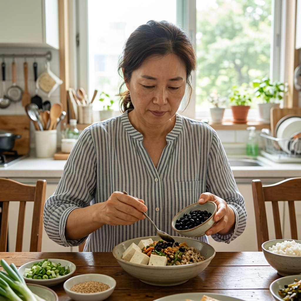 50대 여성이 실내 식탁에서 검정콩과 두부가 담긴 식사를 준비하고 있는 모습, 밝은 자연광