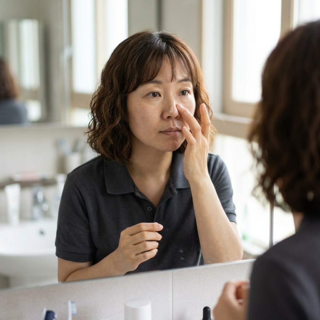 거울 앞에서 손가락 끝으로 콧볼 부위에 프라이머를 소량씩 두드리며 바르는 장면