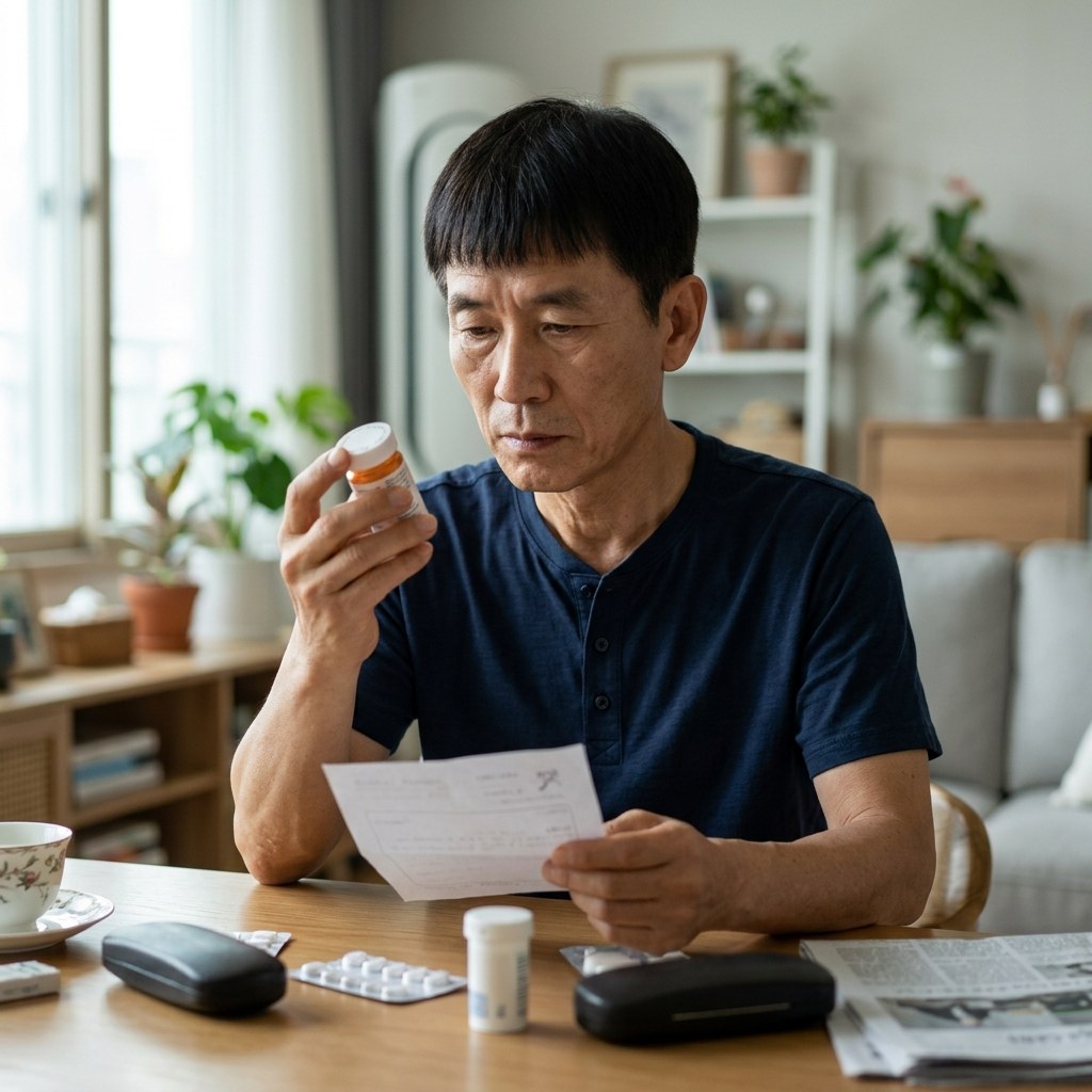 70대 한국인 여성이 거실 테이블에서 약통과 처방전을 꺼내 확인하고 있는 모습, 자연광, 실내