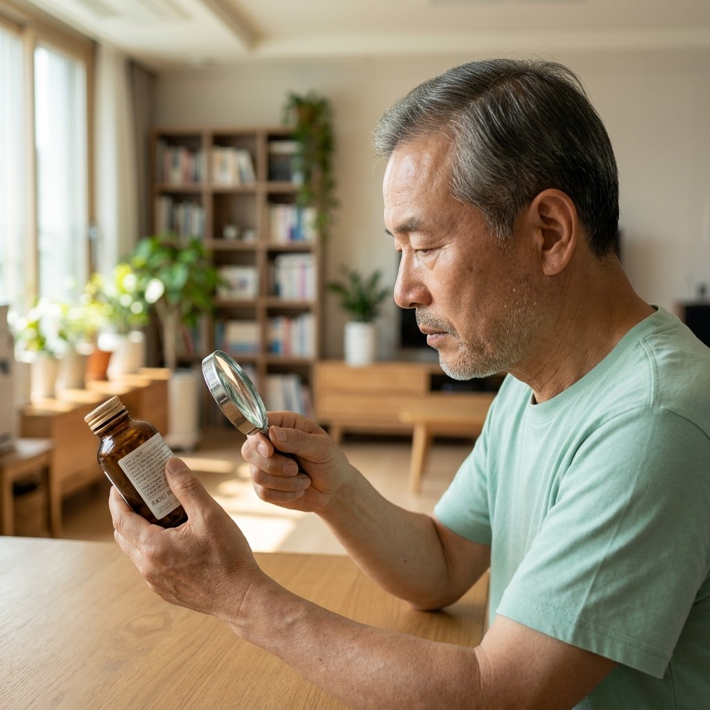70대 한국인 남성이 약통 라벨을 확대경으로 확인하며 유효기간을 읽고 있는 장면, 실내 자연광