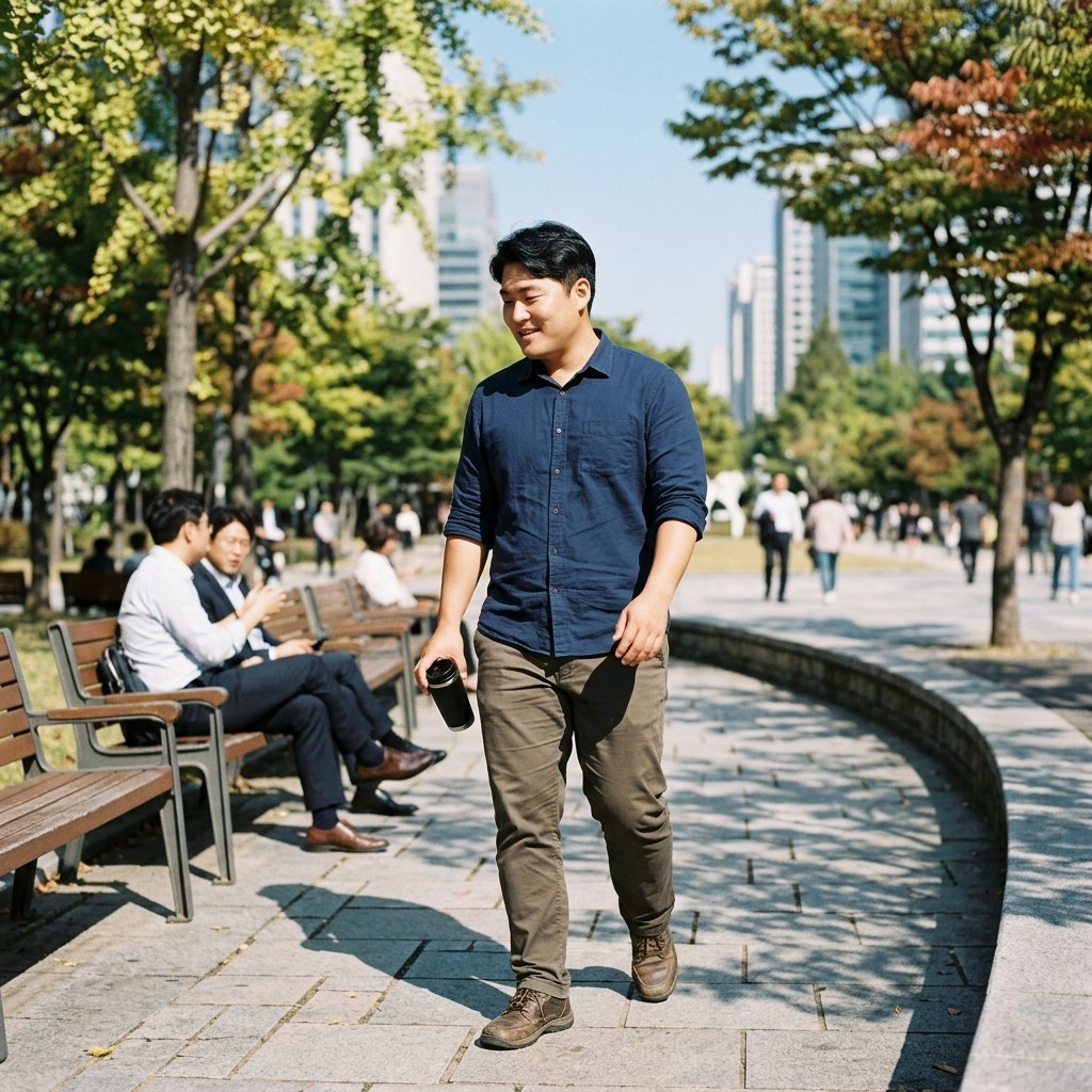 점심시간 야외 벤치에서 햇빛을 쬐며 가볍게 걷는 30대 직장인 남성