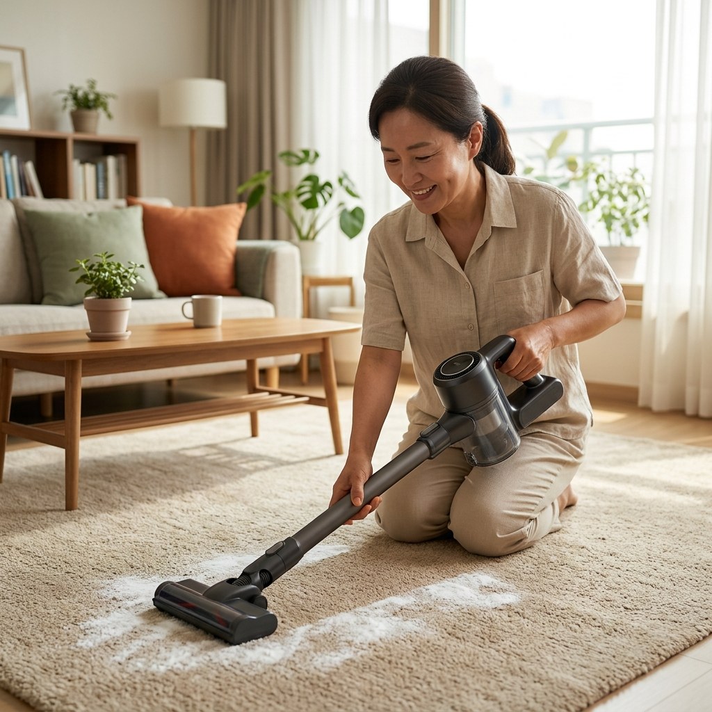 베이지 러그 위에 베이킹소다를 얇게 뿌린 뒤 진공청소기 노즐로 흡입하는 모습