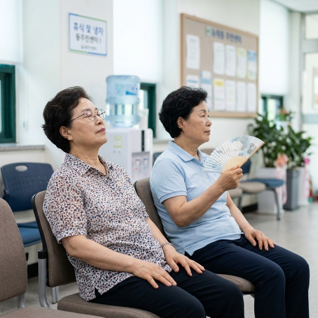 동주민센터 내부 냉방 공간에서 어르신 두 명이 의자에 앉아 쉬고 있는 모습, 시원한 실내 조명