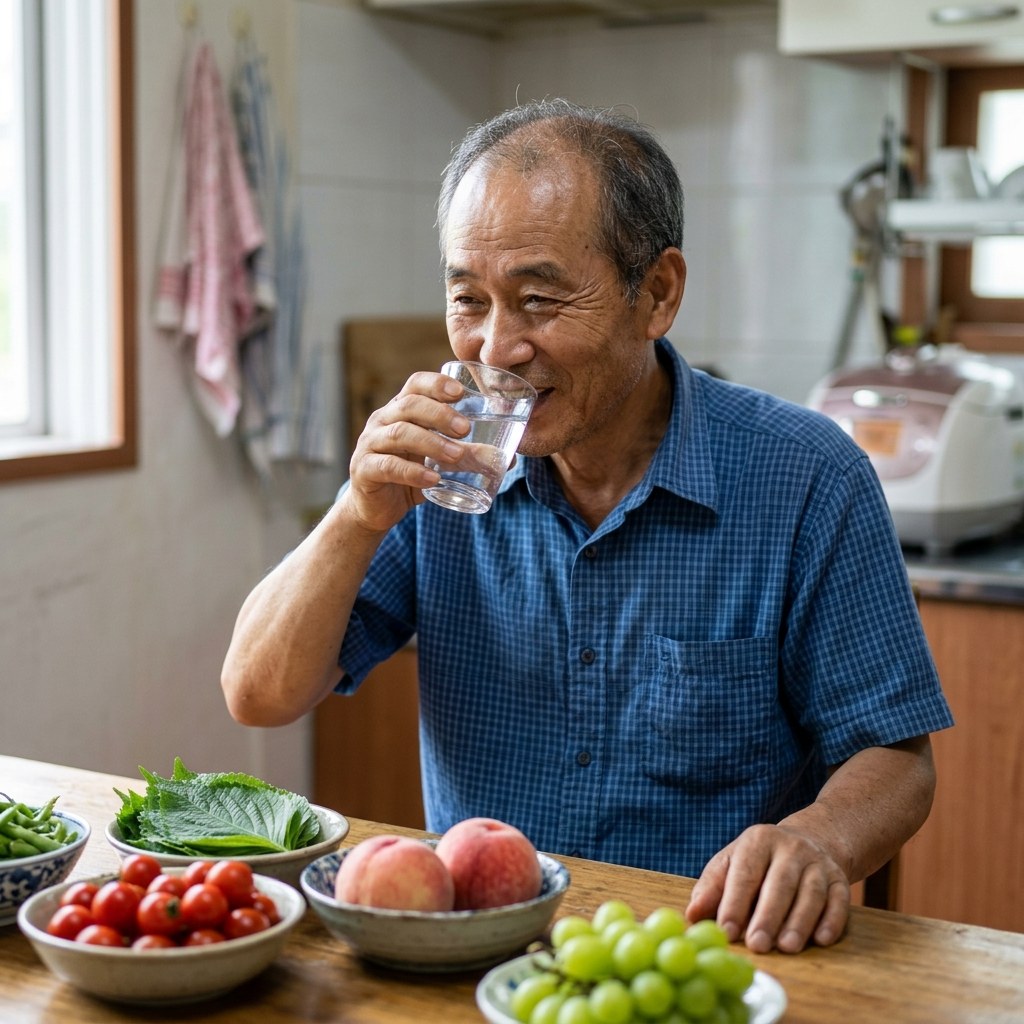 여름철 주방에서 물 한 잔을 들고 있는 70대 초반 한국인 남성, 식탁 위에는 과일과 채소가 놓여 있음