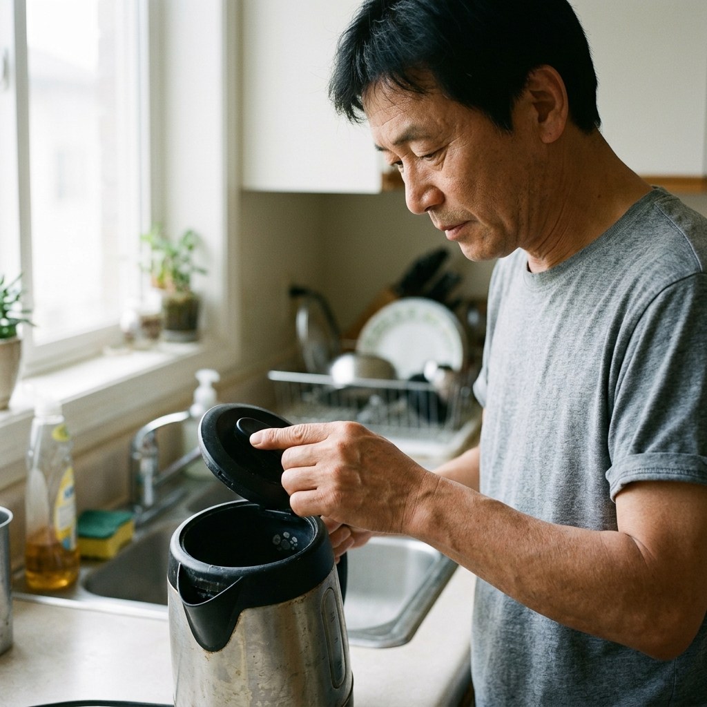 커피포트 뚜껑을 열어 내부를 들여다보는 손, 포트 안쪽에 물때가 살짝 보이는 장면