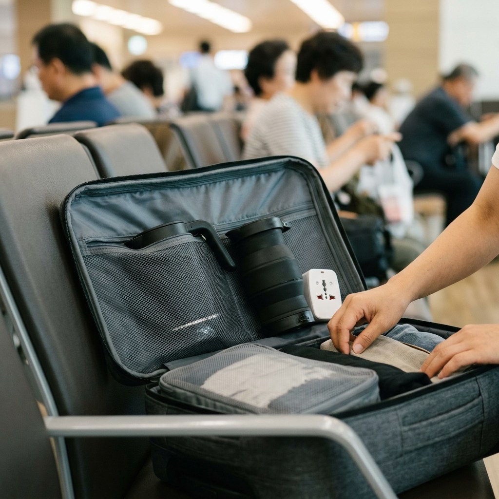 여행 가방 안에 접이식 전기포트와 어댑터가 정리된 모습, 깔끔한 패킹 장면