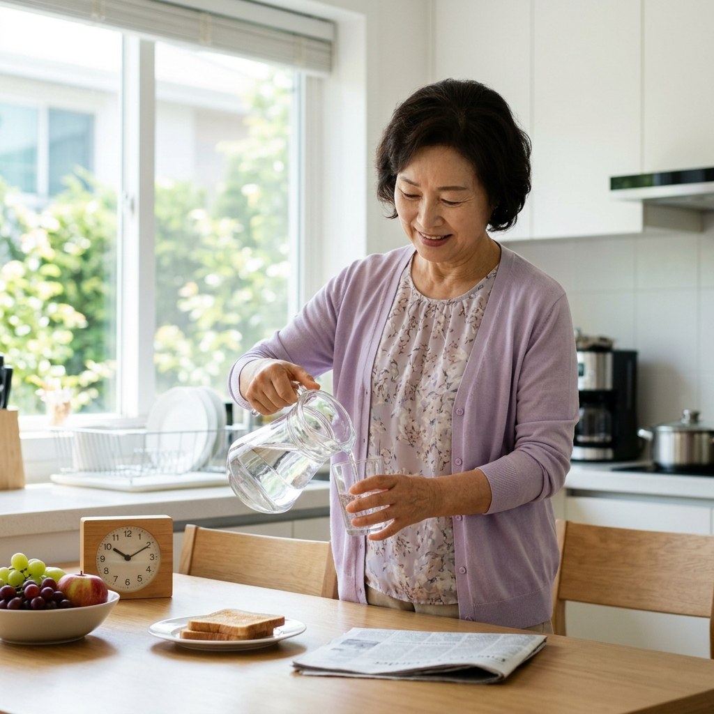 밝은 주방에서 가벼운 카디건을 입은 60대 여성이 투명한 물컵에 물을 따르는 모습, 창밖으로 여름 햇살이 들어오고 식탁 위에 시계가 보임