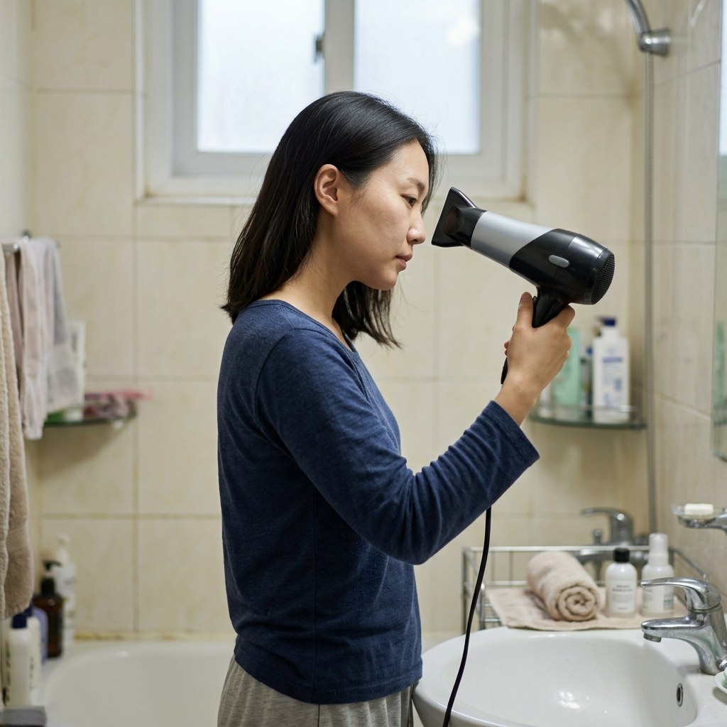 드라이어를 손에 들고 귀에서 20~30cm 떨어진 거리에서 찬바람을 쐬고 있는 여성의 측면 모습, 실내 욕실 배경