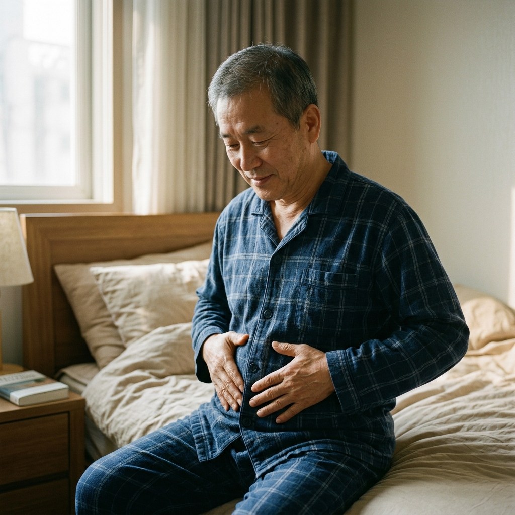 침대 위에 앉아 두 손으로 배를 시계 방향으로 부드럽게 마사지하는 60대 초반 한국인 남성의 편안한 아침 루틴 모습
