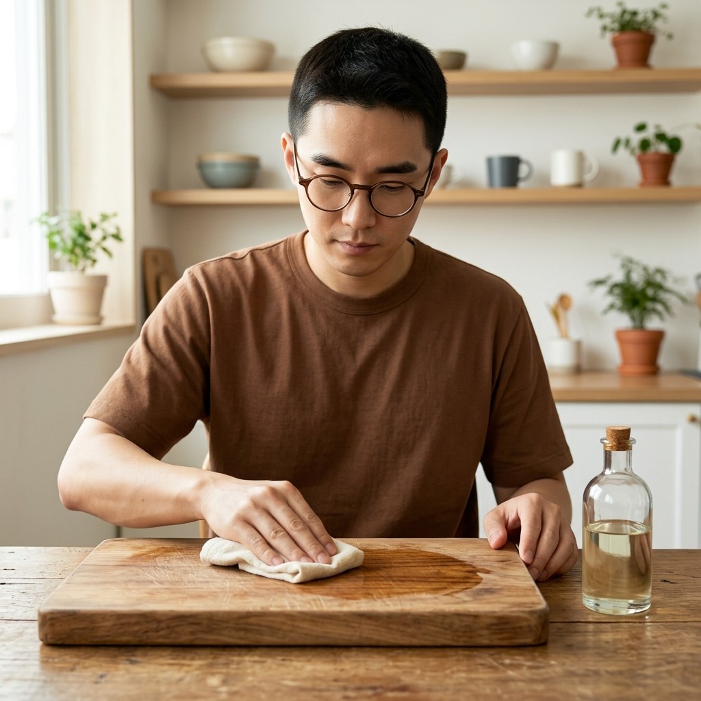 투명 유리병에 담긴 미네랄 오일과 원목 도마가 나란히 놓인 장면, 면 행주로 오일을 얇게 펴 바르는 손의 모습, 밝은 주방 선반 배경