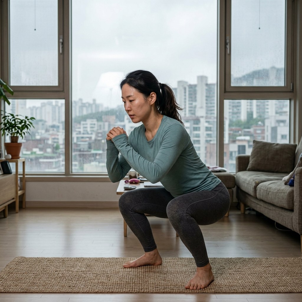 거실에서 스쿼트 자세를 취하고 있는 30대 여성, 창밖으로 흐린 날씨