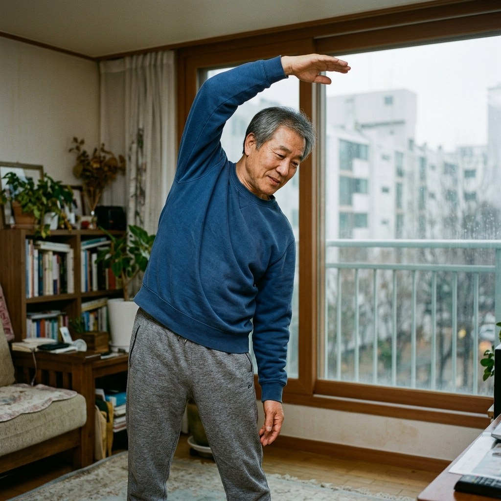 실내 거실에서 가벼운 스트레칭 동작을 하는 60대 한국인 남성, 창밖으로 흐린 날씨