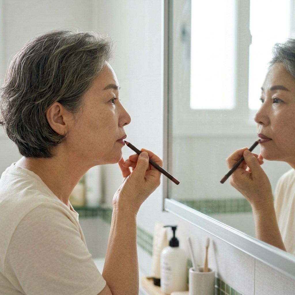 중장년 한국인 여성이 거울 앞에서 립라이너로 입술 경계를 정리하는 모습, 실내