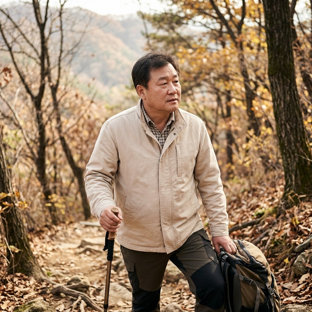 성묘를 위해 산길을 오르는 중장년 남성이 긴소매 밝은 옷을 입고 주변을 살피는 장면