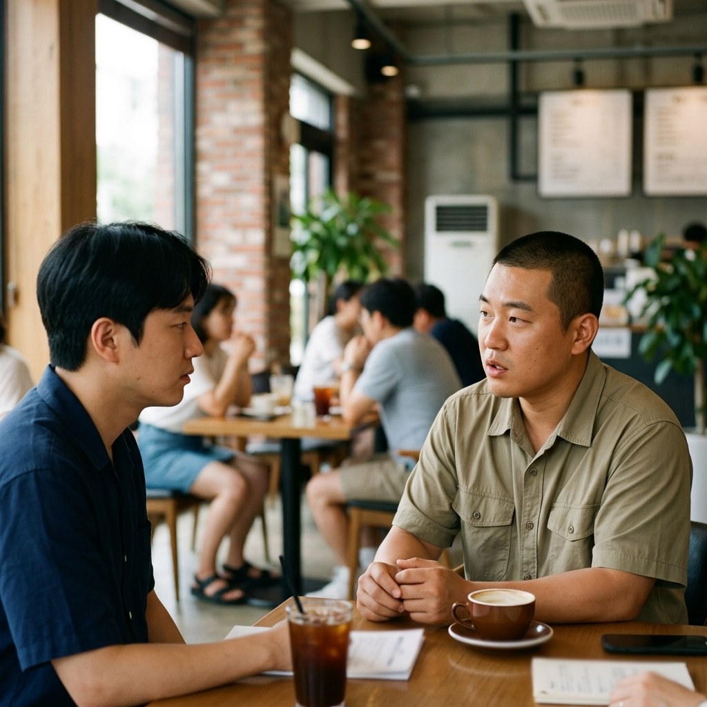 카페에서 동료와 마주 앉아 진지하게 대화를 나누는 두 명의 직장인