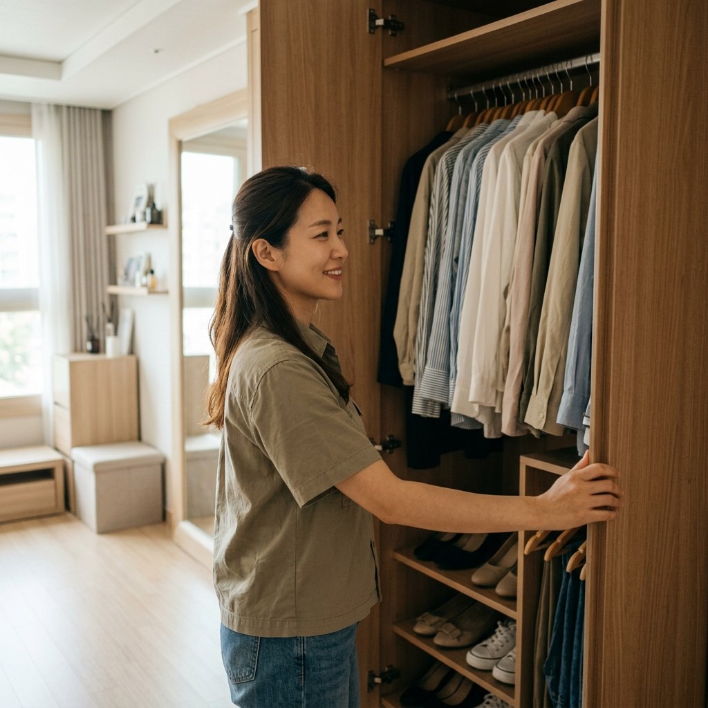 옷장 문을 열어 환기하는 드레스룸 내부, 옷들이 여유롭게 걸린 모습