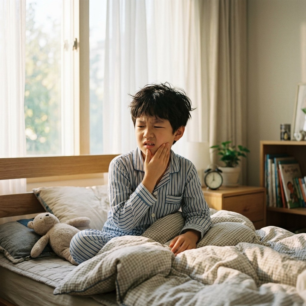 아침에 일어난 초등학생 아이가 손으로 턱을 만지며 불편한 표정을 짓고 있는 모습, 침실 창문으로 부드러운 아침 햇살이 들어오는 장면