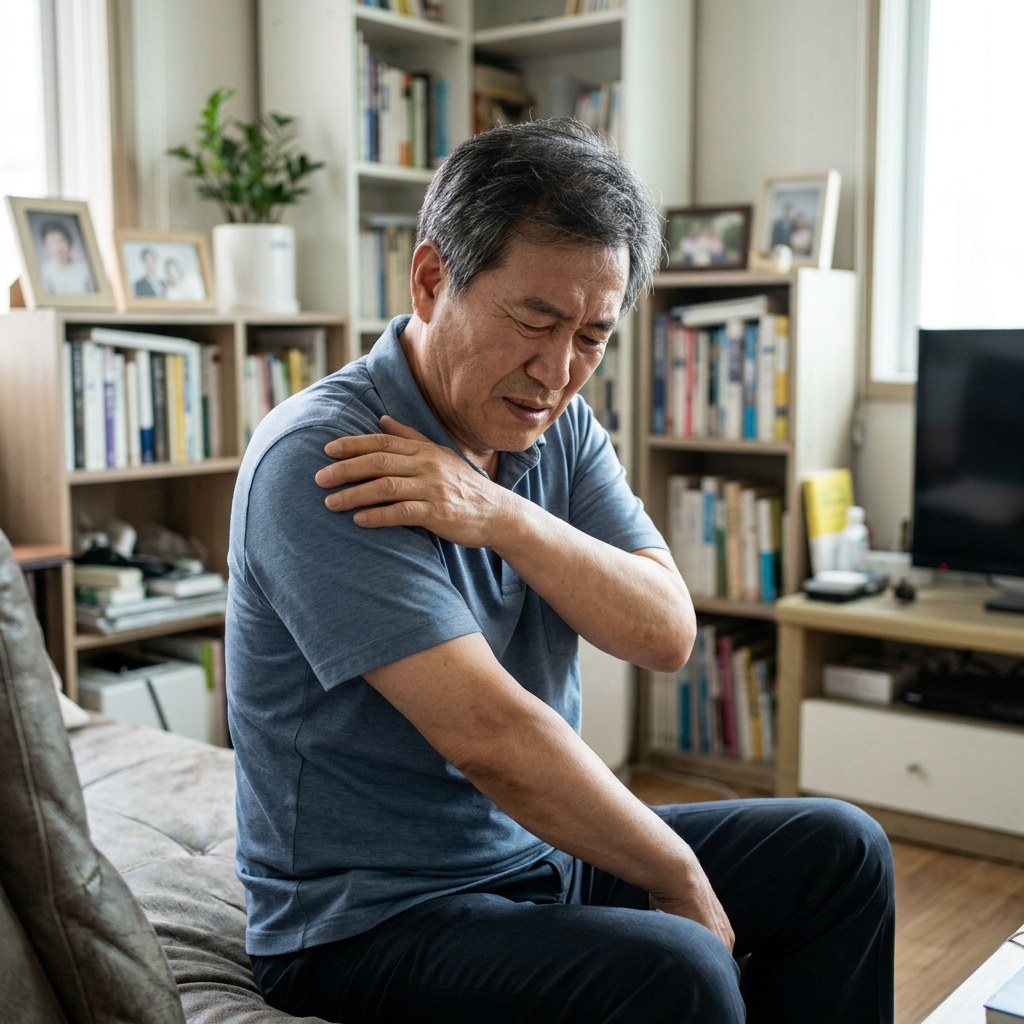 60대 남성이 집 거실에서 팔을 어깨 높이로 들어올리다 표정을 찡그리며 팔을 내리고 있는 모습, 짧은 소매 셔츠 차림