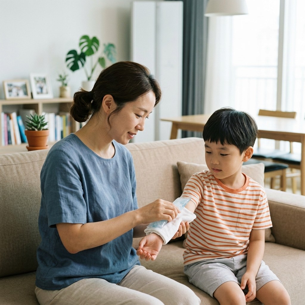 엄마가 아이 팔에 얼음팩을 얇은 천에 싸서 대주는 실내 장면