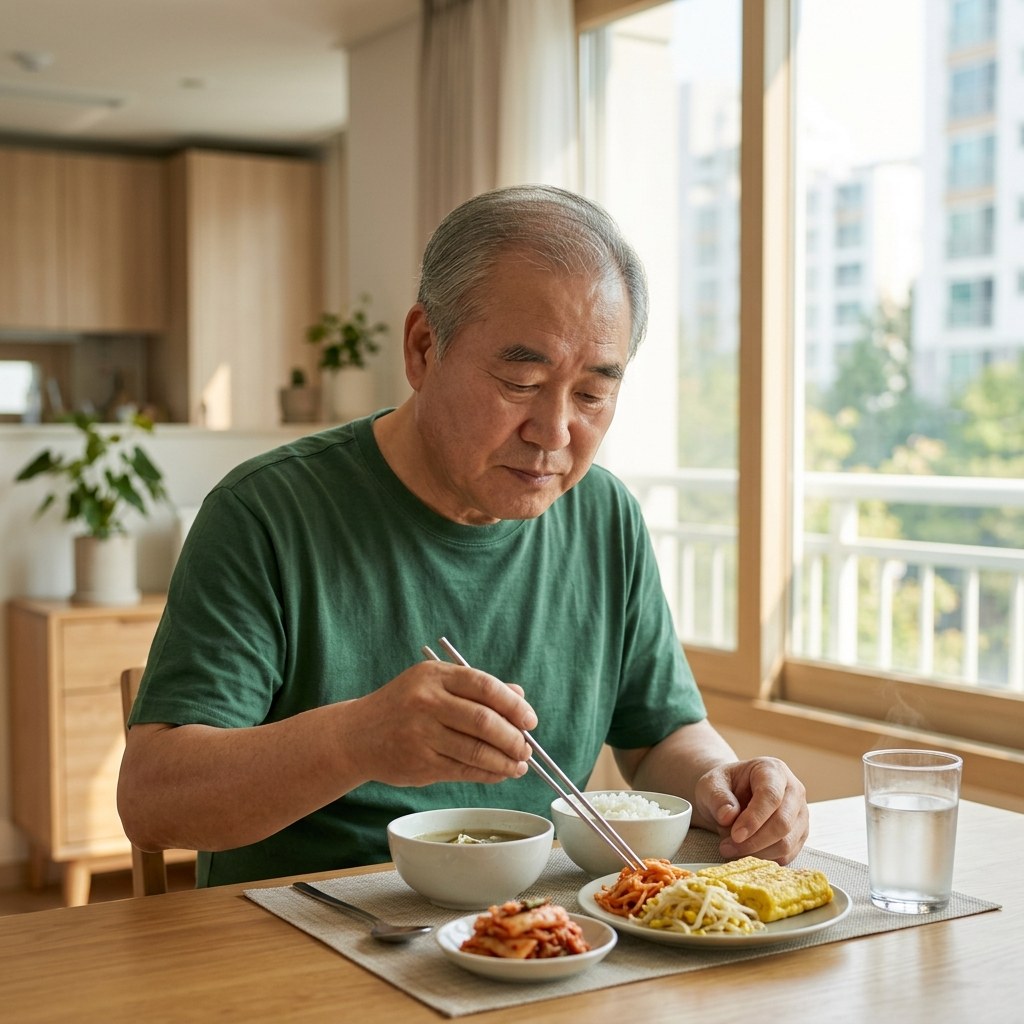 식탁에서 아침 식사를 하는 70대 한국인 시니어의 모습, 창밖으로 아침 햇살이 들어오고 따뜻한 물 한 잔이 놓여 있는 장면