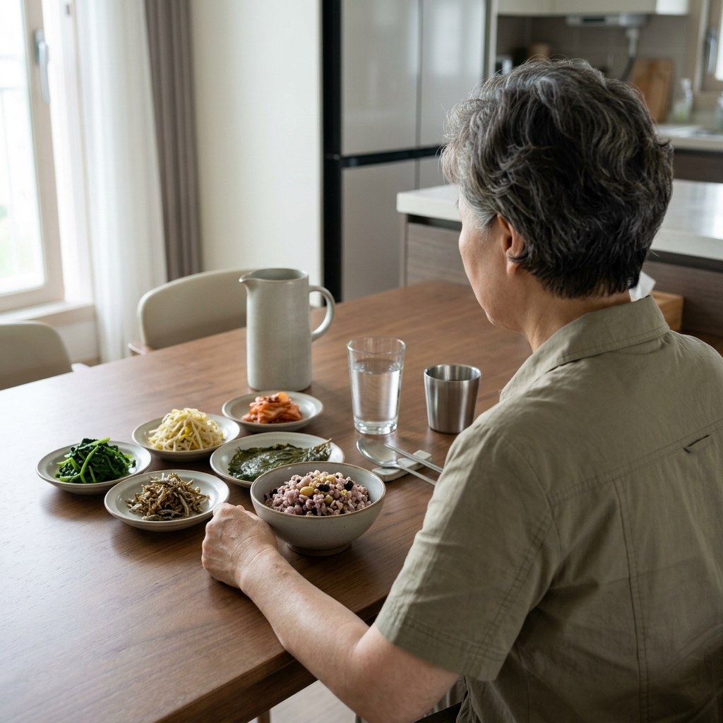잡곡밥과 나물 반찬이 차려진 한식 식탁, 물 한 컵이 함께 놓여 있는 장면