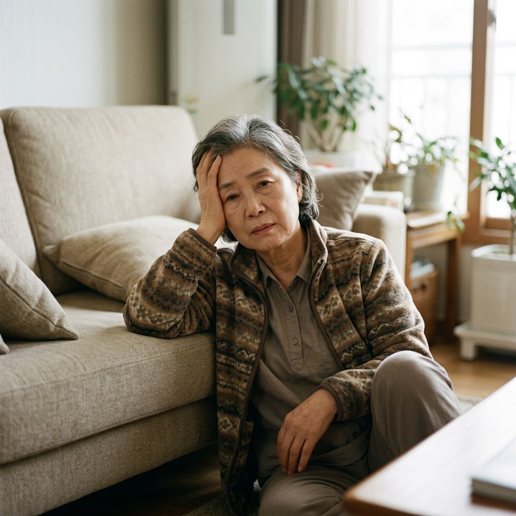 낙상 후 소파에 기대 앉아 머리를 짚고 있는 한국인 고령자의 모습