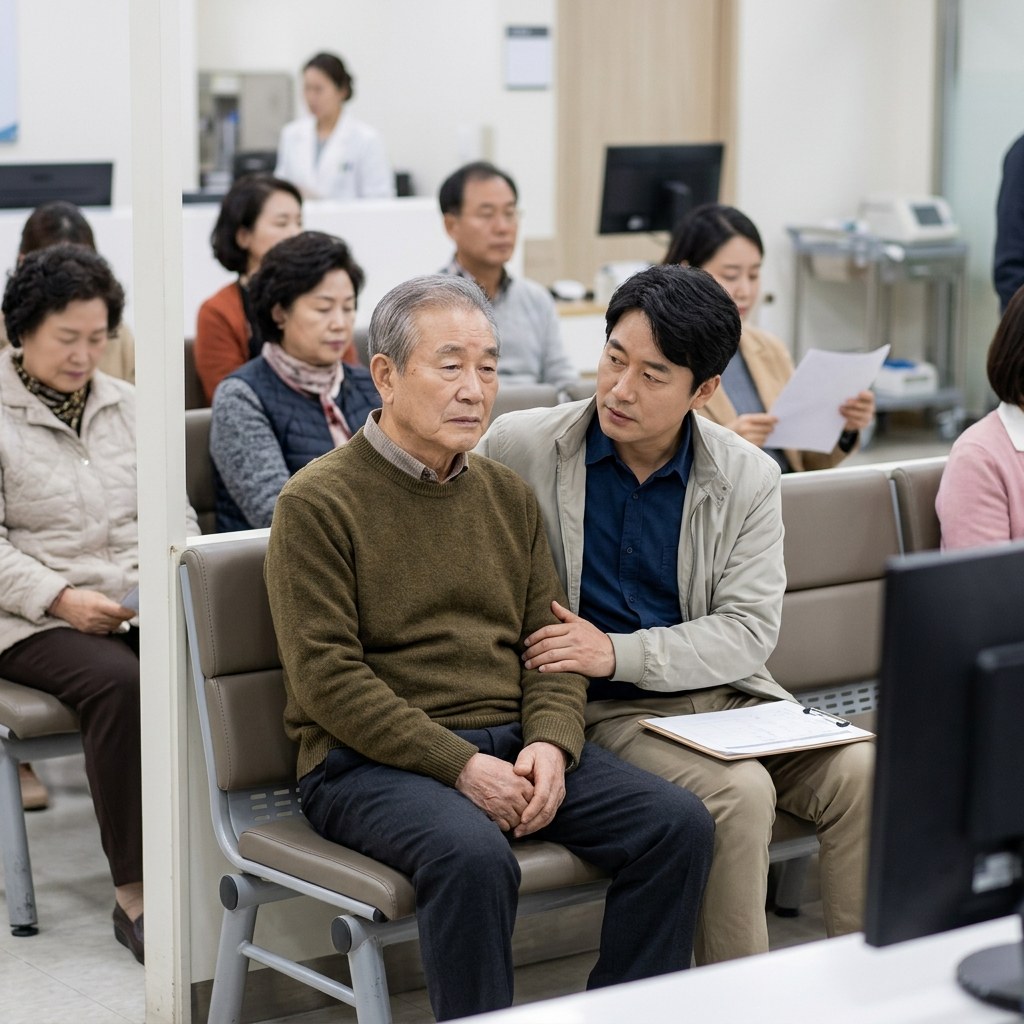 응급실 대기실에서 보호자와 함께 기다리는 고령 환자의 모습