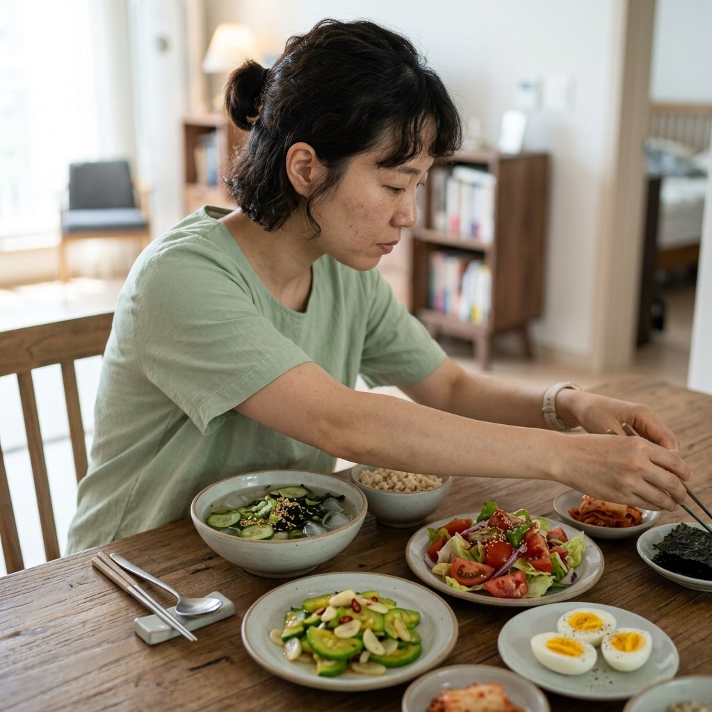 식탁 위에 차려진 오이냉국, 애호박볶음, 토마토샐러드, 삶은 달걀이 담긴 여름 한 끼 식단, 밝은 실내 조명
