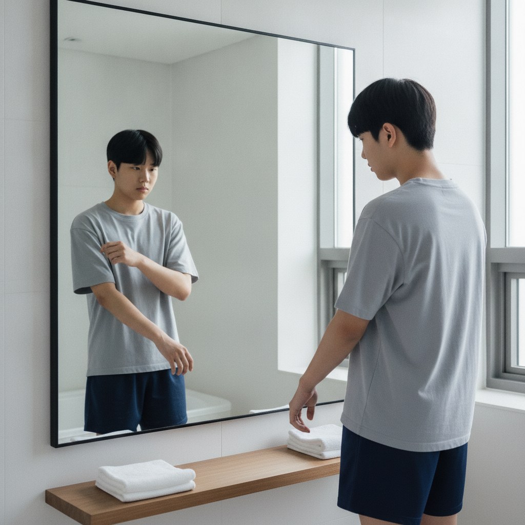 거울 앞에서 팔과 다리의 체모를 확인하는 10대 청소년의 모습