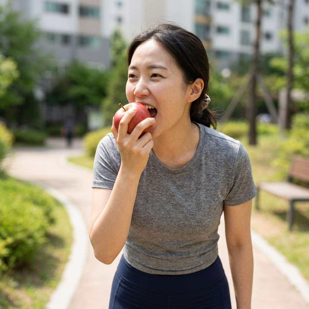 껍질째 사과를 한 입 베어 무는 모습