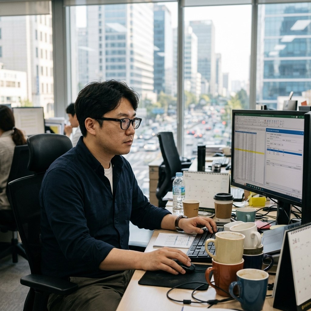컴퓨터 모니터 앞에서 커피잔을 여러 개 쌓아두고 업무 중인 한국인 직장인, 창밖으로 보이는 도심 풍경