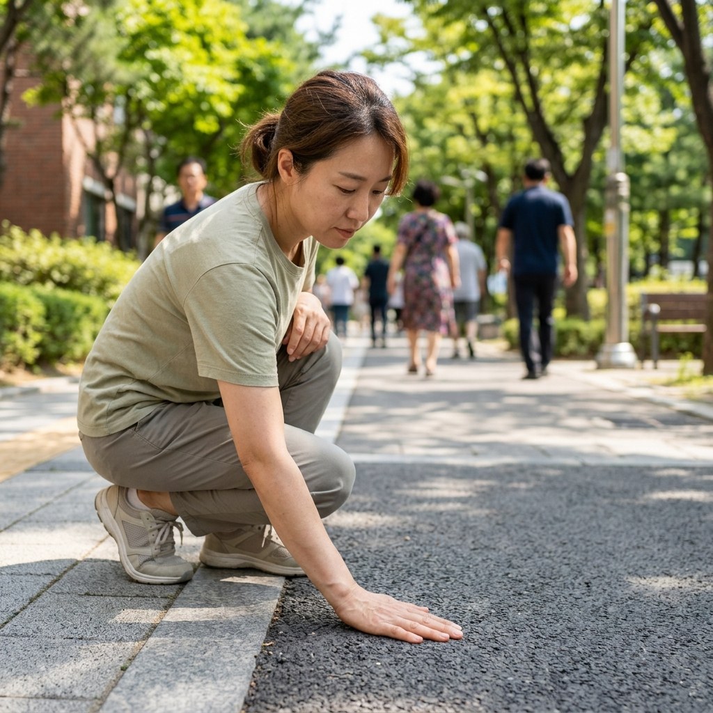 산책 전 손등으로 아스팔트 온도를 확인하는 보호자의 손, 여름 햇살 아래 밝은 인도 배경