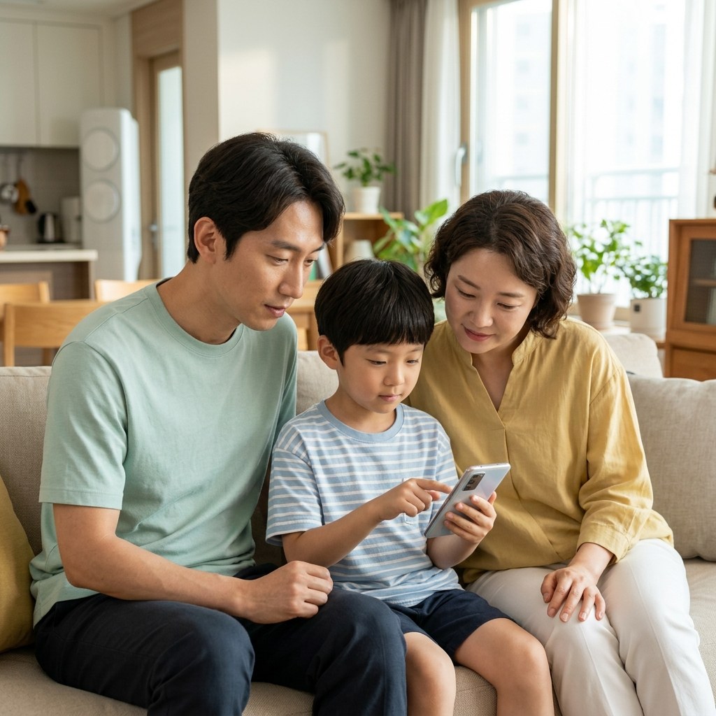 거실 소파에 앉아 부모와 함께 휴대폰 화면을 보며 사용 시간 기록을 확인하는 초등학생 아이의 모습, 자연광이 들어오는 실내 배경