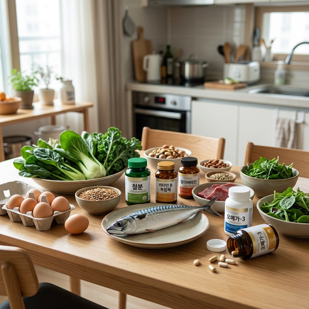 식탁 위에 놓인 다양한 비타민 보충제와 신선한 채소, 고등어, 계란 등 철분과 비타민 B가 풍부한 식재료들
