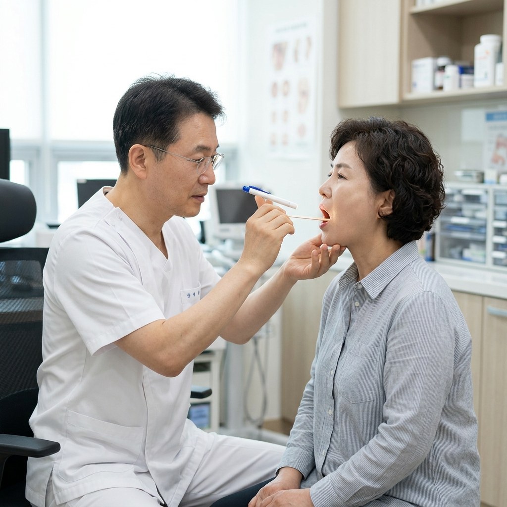 병원 진료실에서 의사가 환자의 입안을 진찰하고 있는 장면, 환자는 중장년 여성이며 의사는 작은 조명과 설압자를 사용 중