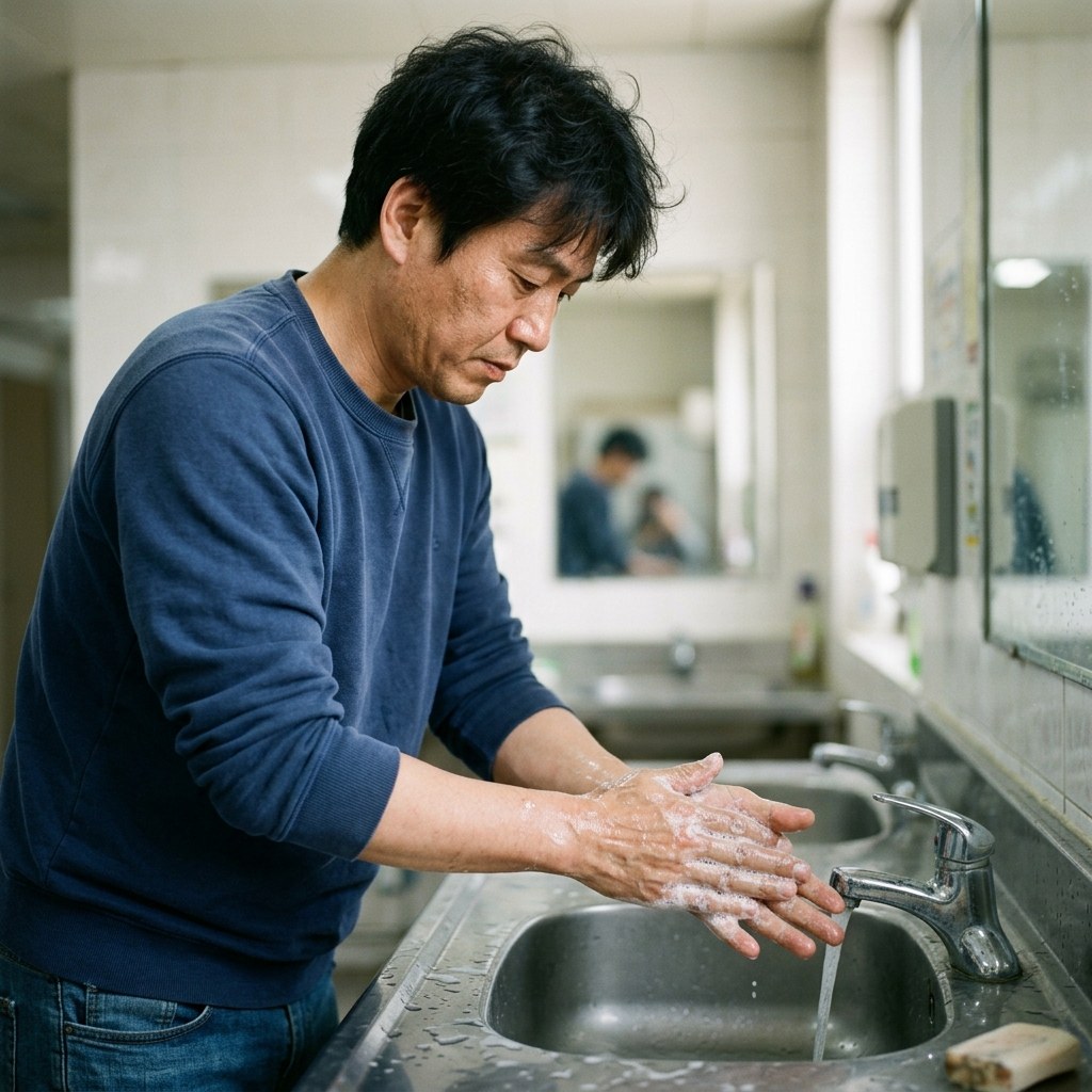 손을 씻고 있는 사람의 모습, 세면대 앞에서 비누로 손을 문질러 거품을 내는 장면